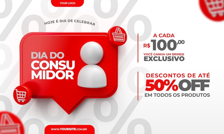 PSD rendu 3d de la journée des consommateurs de la bannière en portugais pour la campagne de marketing au brésil d'offres