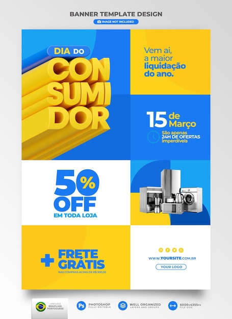 Rendu 3d de la journée des consommateurs de la bannière en portugais pour la campagne de marketing au brésil d'offres