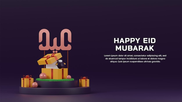 Rendu 3D joyeux eid mubarak 1443 H avec des moutons à l'intérieur de la boîte-cadeau sur le modèle de conception de sites Web de podium