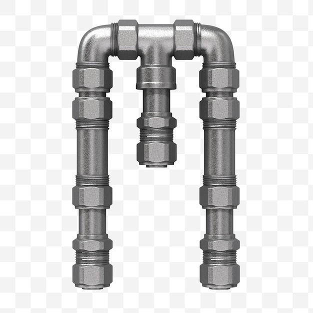 Rendu 3D de la lettre de l'alphabet industriel m faite de conduite d'eau en fer isolée