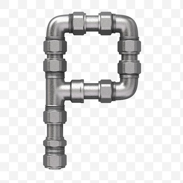 Rendu 3D de la lettre de l'alphabet industriel p faite de conduite d'eau en fer isolée