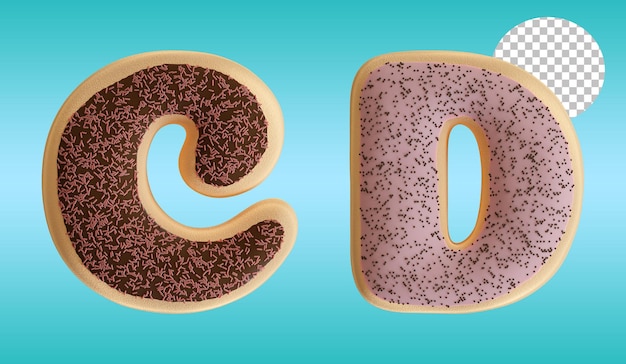 PSD rendu 3d lettre beignet glacé c et d forme de l'alphabet avec des pépites de chocolat