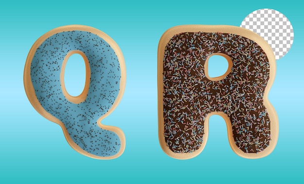 Rendu 3d Lettre De Beignets Glacés Q Et R En Forme D'alphabet Avec Des Pépites De Chocolat