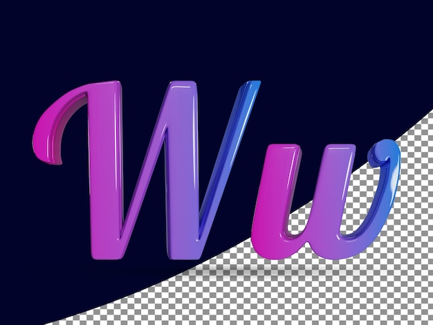 Rendu 3D de la lettre majuscule brillante W et de la petite lettre w