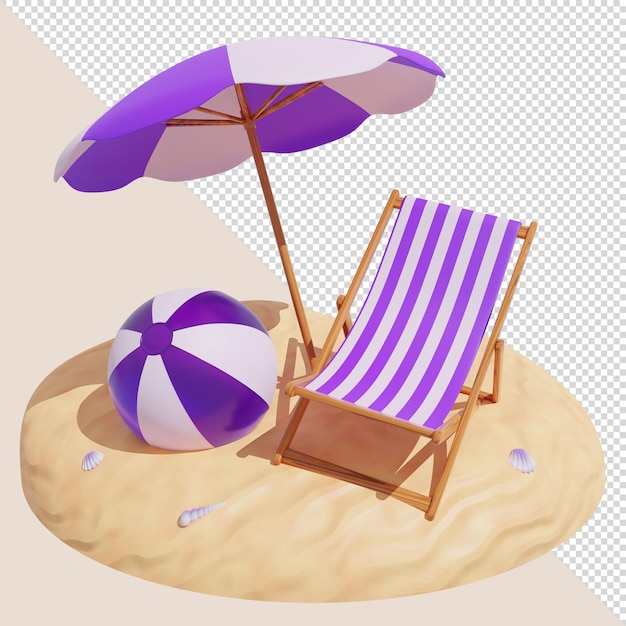 Rendu 3D de lit de bronzage avec ballon de plage et parasol