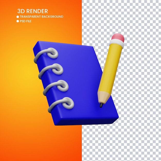 Rendu 3D d'un livre et d'un crayon mignons
