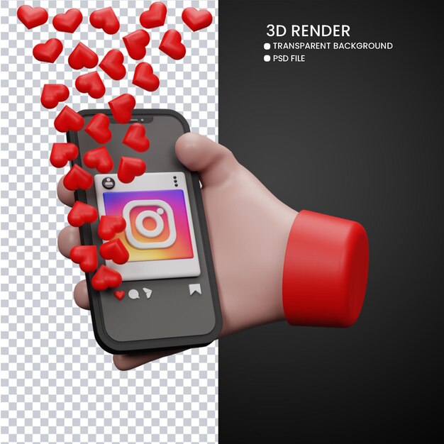 rendu 3d de la main mignonne et du téléphone portable avec instagram comme