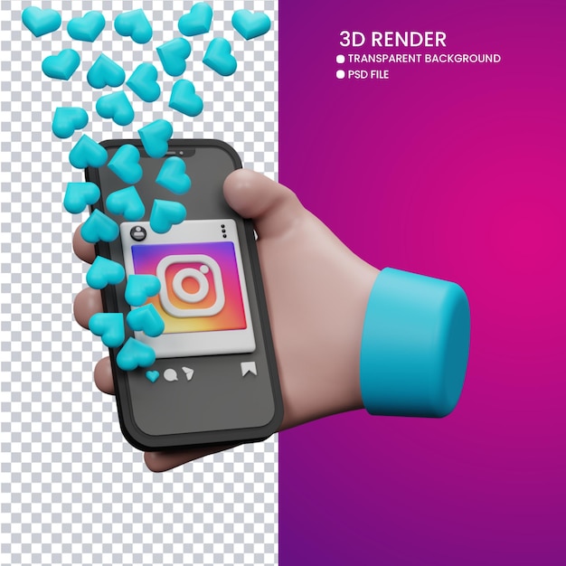 rendu 3d de la main mignonne et du téléphone portable avec instagram comme