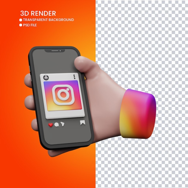 rendu 3d de la main mignonne et du téléphone portable avec instagram