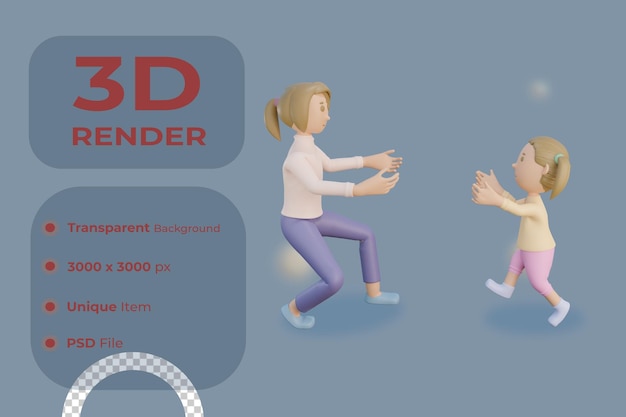 PSD rendu 3d maman et fille courir pour l'illustration de câlin