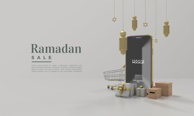 PSD rendu 3d de maquette de vente de ramadan avec des lumières suspendues