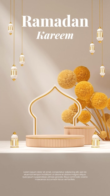 Rendu 3d Maquette Vierge Podium Marron En Portrait Fleur De Mimosa Et Lampe Arabe Ramadan Kareem