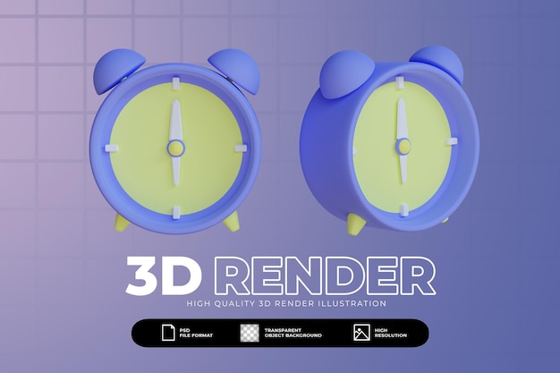 PSD rendu 3d mignon jeu d'illustrations de réveil pastel bleu