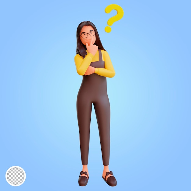 Rendu 3d mignon personnage de femme avec des points d'interrogation