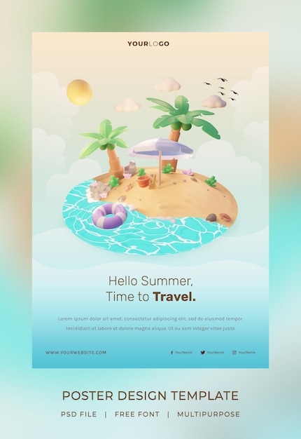 Rendu 3d, Modèle D'affiche Hello Summer, Avec Illustration Cocotier Et Plage Parapluie