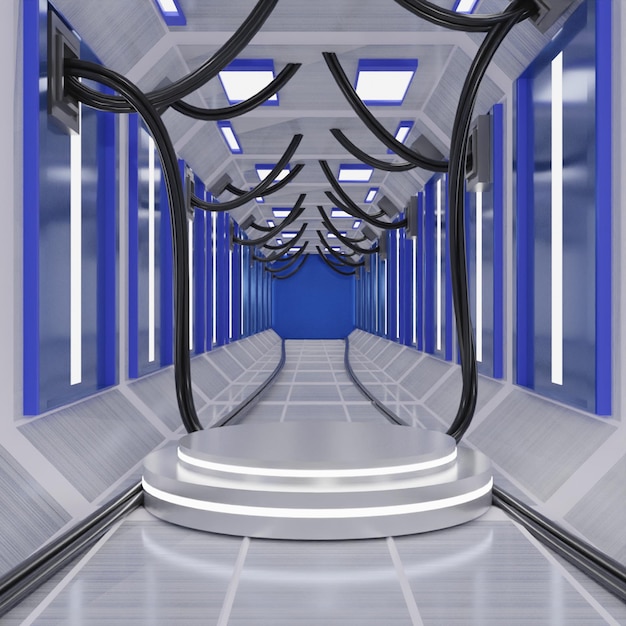 Rendu 3D moderne bleu brillant Sci Fi futuriste Corridor Design de haute qualité
