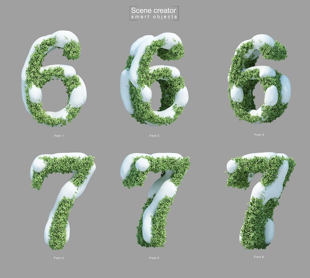 Rendu 3D de la neige sur les buissons en forme de numéro 6 et numéro 7