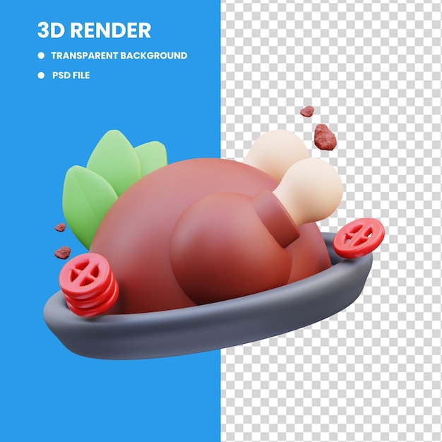 Rendu 3d de nourriture de poulet entier grillé illustration mignonne d'icône