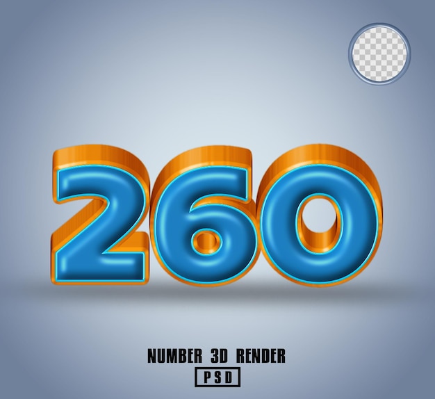 PSD rendu 3d numéro 260 bleu et ligne orange brillant