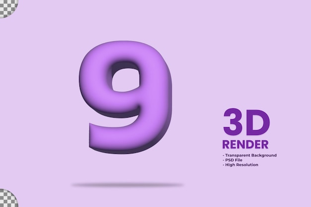 PSD rendu 3d numéro 9 avec matériau violet gonflé