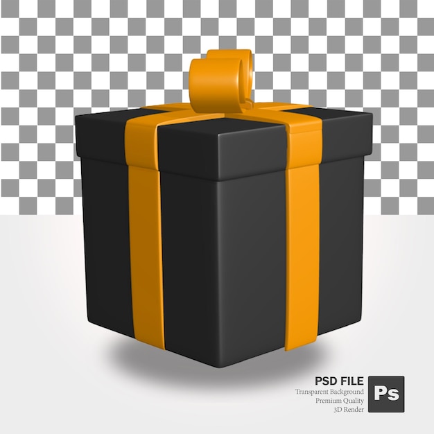 Rendu 3D d'un objet cadeau noir avec ruban orange pour l'événement de vente du vendredi noir