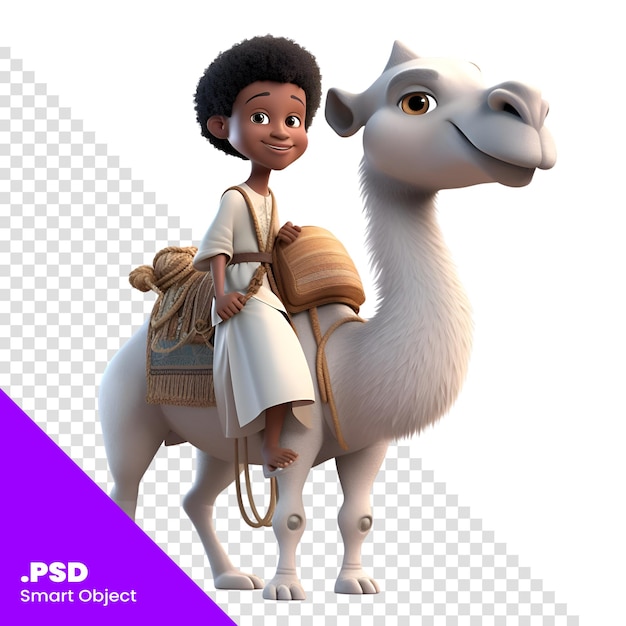 PSD rendu 3d d'un personnage de dessin animé avec un chameau et un garçon modèle psd
