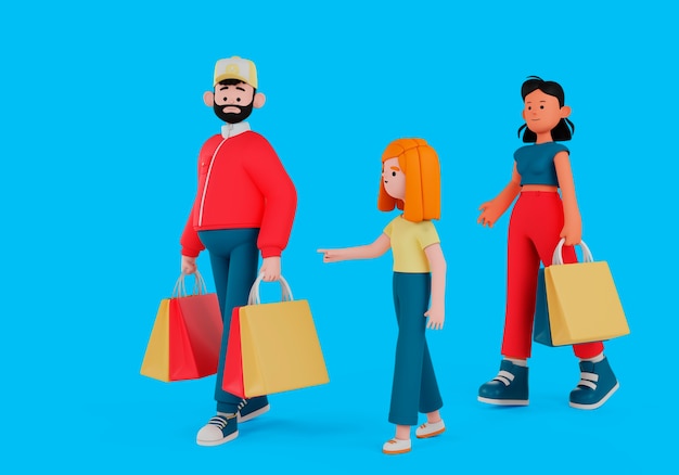 Rendu 3D de personnes faisant leurs courses