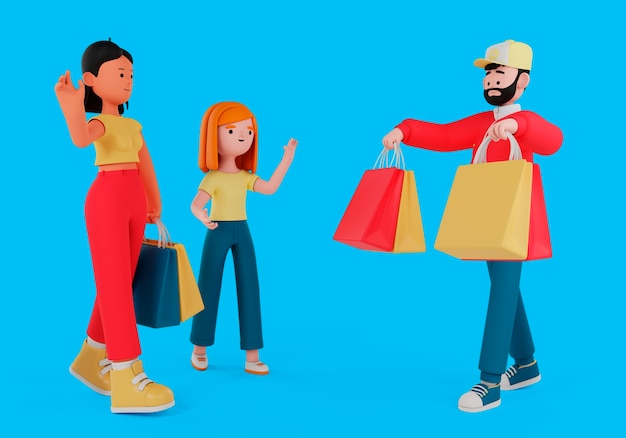 Rendu 3D de personnes faisant leurs courses