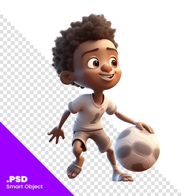 PSD rendu 3d d'un petit garçon afro-américain avec ballon de football isolé sur fond blanc modèle psd