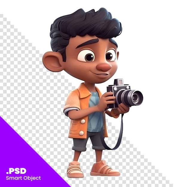 PSD rendu 3d d'un petit garçon avec un appareil photo à la main modèle psd