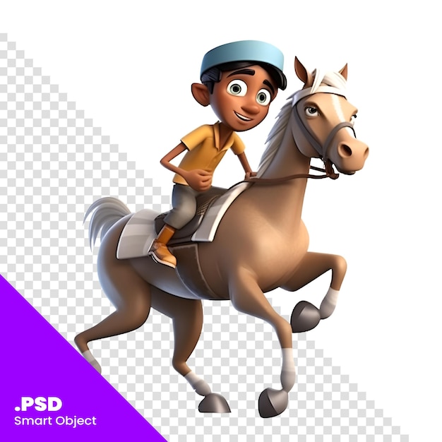 PSD rendu 3d d'un petit garçon à cheval isolé sur un modèle psd à fond blanc