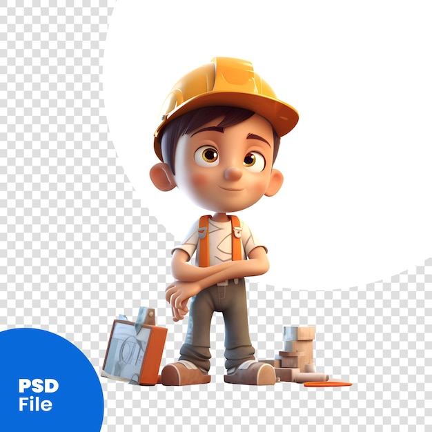 Rendu 3d D'un Petit Garçon Avec Un Modèle Psd De Boîte à Outils Et De Casque