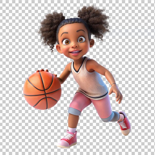 PSD un rendu 3d d'une petite fille afro-américaine jouant au basket sur un fond transparent