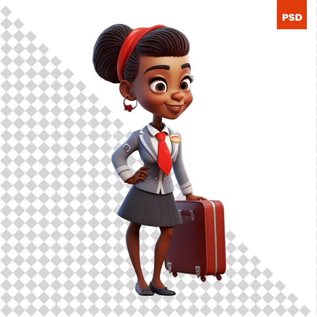 PSD rendu 3d de petite fille afro-américaine avec valise isolé sur fond blanc