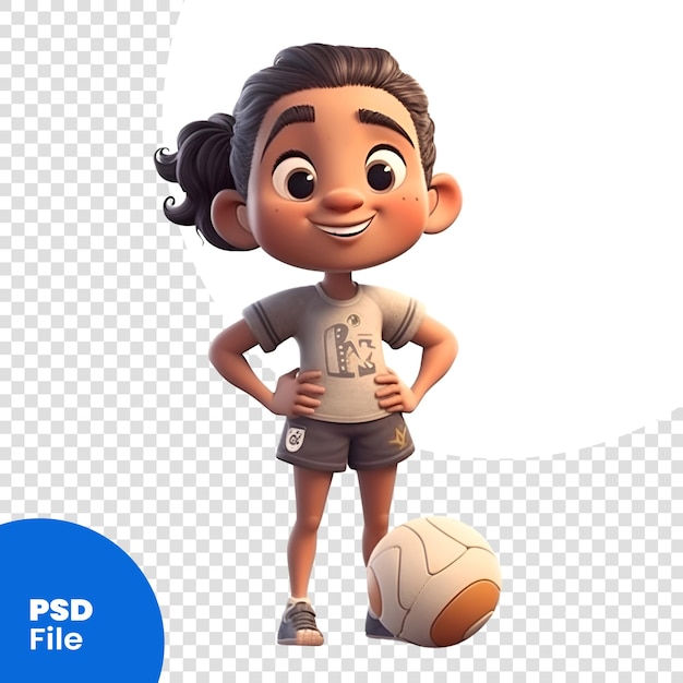 PSD rendu 3d d'une petite fille avec ballon de football isolé sur fond blanc modèle psd