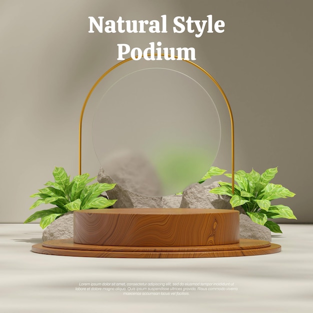 Rendu 3d podium de texture de cylindre de bois de scène vide dans des plantes et des roches à feuilles persistantes chinoises carrées