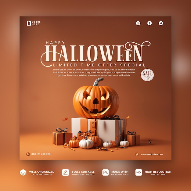 Rendu 3D PSD Ventes d'Halloween sur les réseaux sociaux