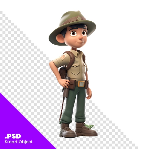 PSD rendu 3d d'un ranger de safari de dessins animés isolé sur un modèle psd à fond blanc