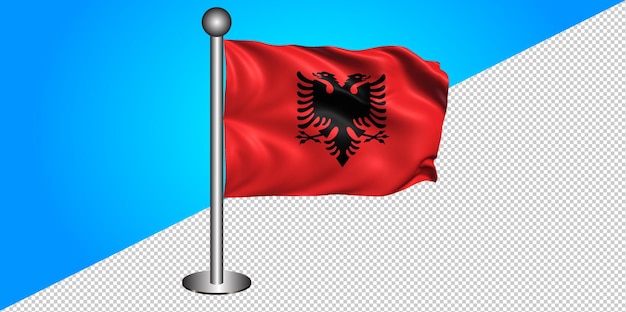 PSD rendu 3d réaliste du drapeau de l'albanie avec poteau sur fond transparent