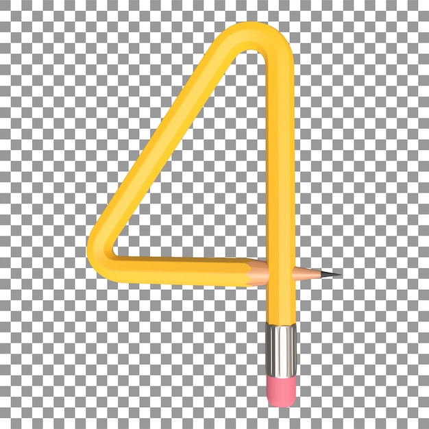 PSD rendu 3d réaliste de la forme du crayon alphabet numéro 4 en couleur jaune image de haute qualité pour gr