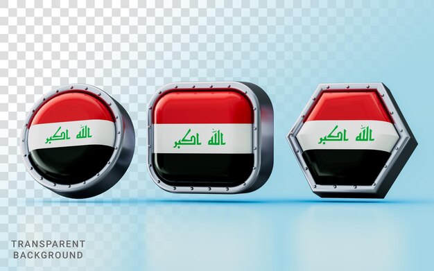 Rendu 3d Signes du drapeau de l'IRAK dans trois carrés de cercle de cadre de forme différente et hexagone
