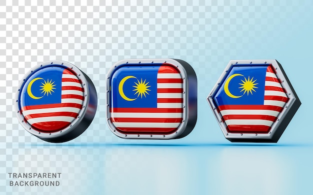 PSD rendu 3d signes du drapeau de la malaisie dans trois carrés de cercle de cadre de forme différente et hexagone