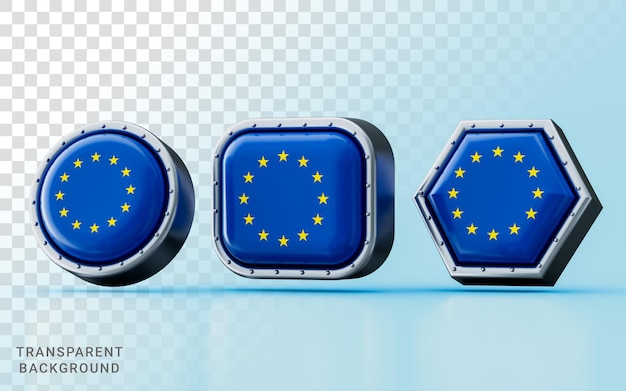 PSD rendu 3d signes du drapeau de l'union européenne dans trois carrés de cercle de cadre de forme différente et hexagone
