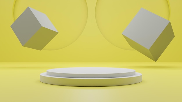 Rendu 3D simple podium blanc vide avec des boules sur fond jaune