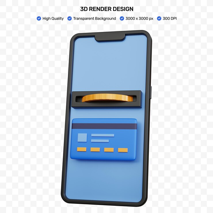 PSD rendu 3d smartphone noir avec carte de crédit et pièce isolée