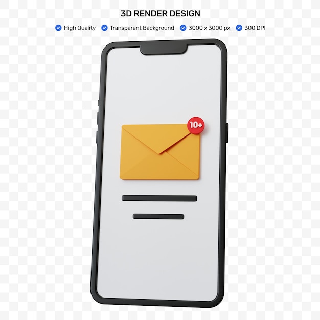Rendu 3d smartphone noir avec icône e-mail jaune signe isolé