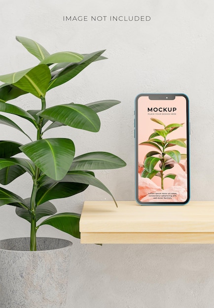 Rendu 3d De Smartphone Avec Plante Sur Fond De Béton Pour Votre Maquette