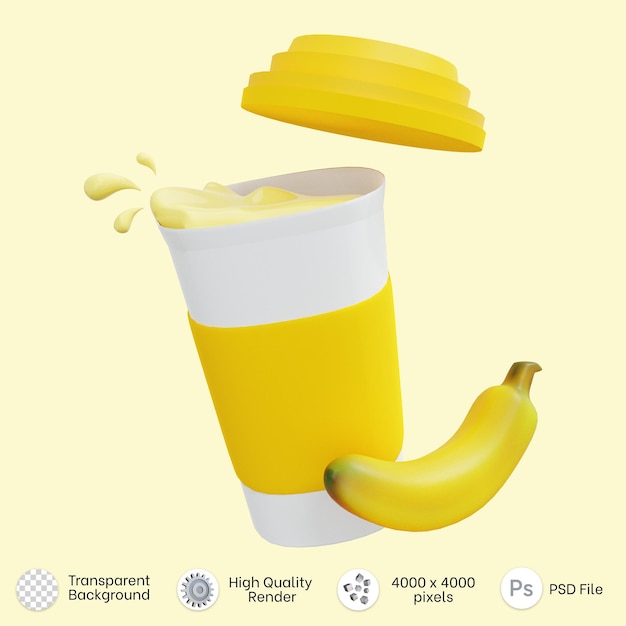 PSD rendu 3d d'une tasse de lait de banane avec banane et éclaboussures