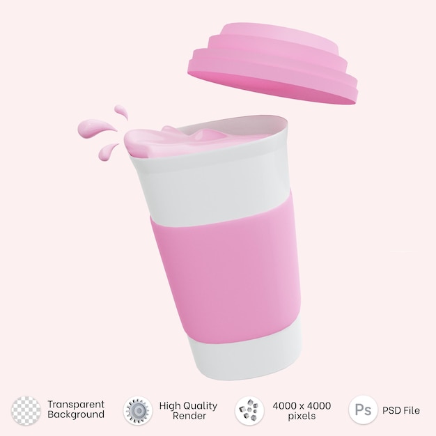 rendu 3d d'une tasse de lait de fraise avec des éclaboussures