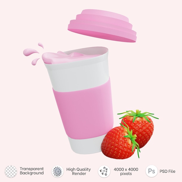 rendu 3d d'une tasse de lait de fraise avec fraise et éclaboussures
